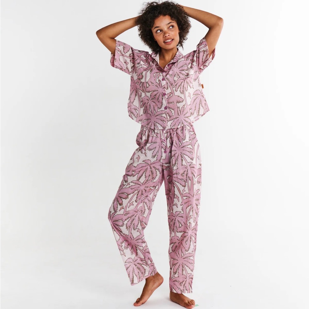 Kip & Co BALMY PALMY ORGANIC SHORT SLEEVE PYJAMA SET pink nwt AU 10 medium